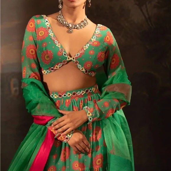 Green Printed Lehenga Set - Picture 4 of 4